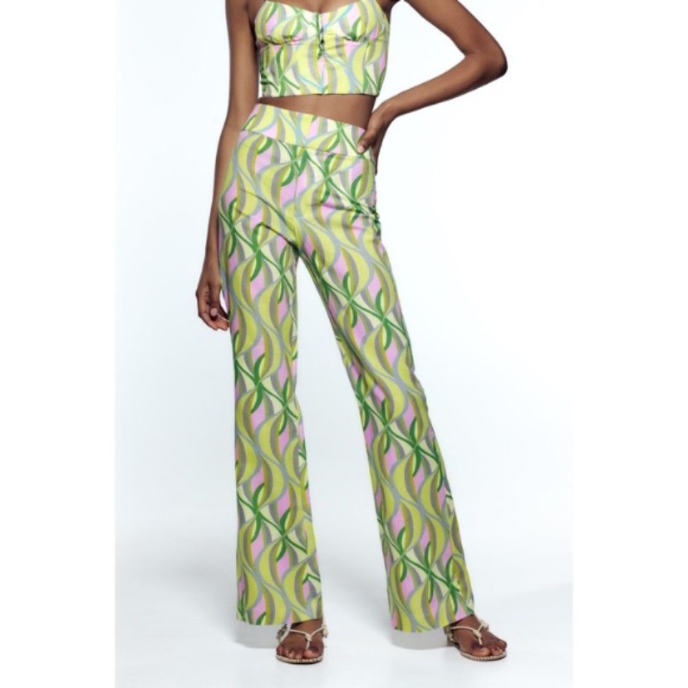 ZARA Printed Linen Flare Pants NWT